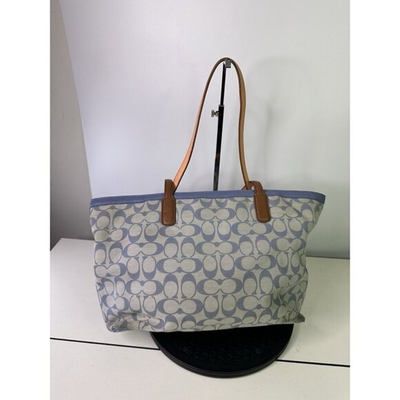 Coach Legacy Weekend Signature Jacquard Shopper Tote 23107 Blue Brown Leather - Picture 4 of 12